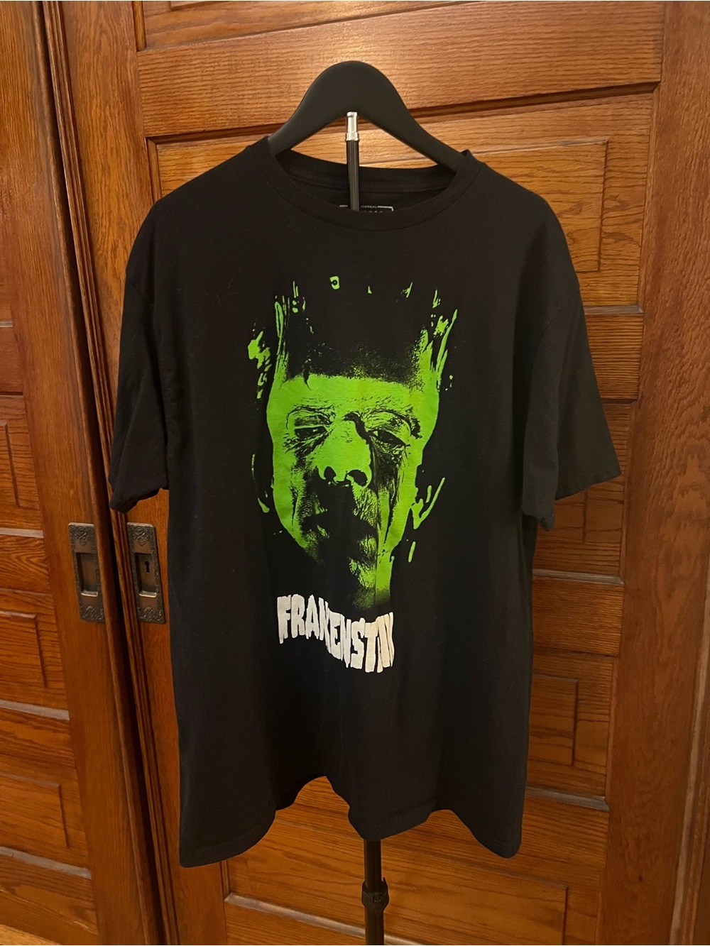 Black Short-Sleeve Graphic Tee with Neon Green Frankenstein Print
